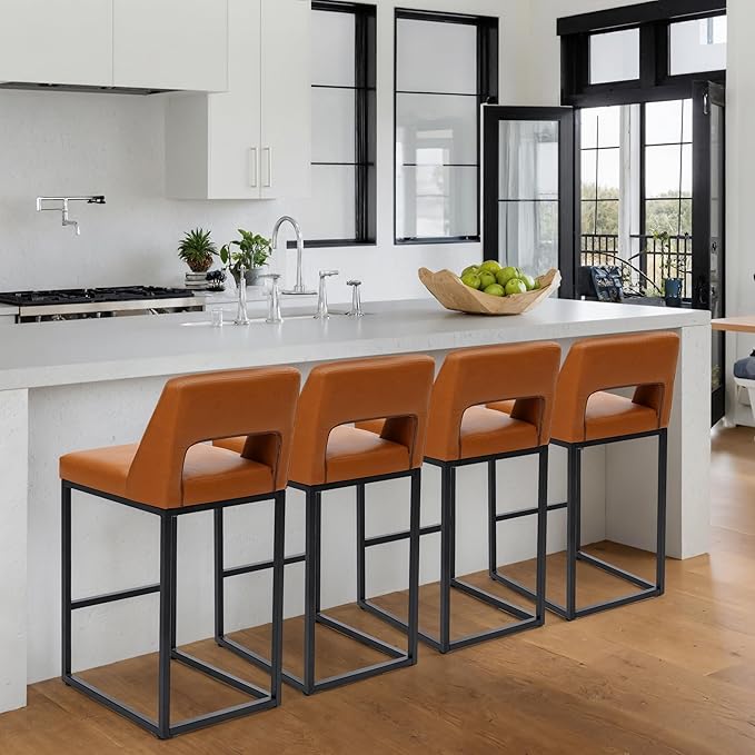 Counter Height Brown Bar Stools Set of 4 for Kitchen Counter Modern Bar Chairs with Backs for Kitchen Island with Upholstered Faux Leather Seat and Metal Frame, 24 Inch