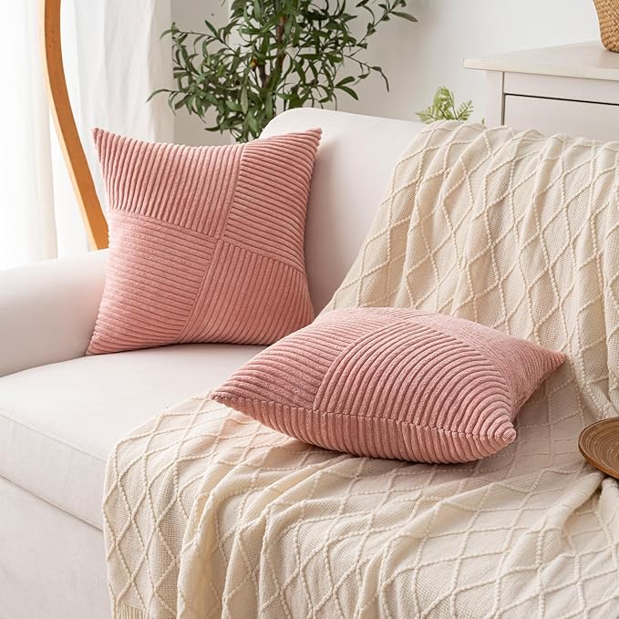Decorative Throw Pillow Covers20x20 Inch Set of 2 for Boho Living Room Farmhouse Home Decor, Spring Pillow Covers for Couch Bed, Soft Corduroy Striped Patchwork Cushion Cases, Blush Pink