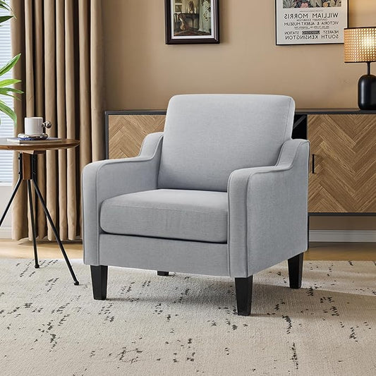 VINGLI Mid Century Modern Accent Chair,Light Grey Fabric Chairs for Living Room Upholstered Armchair with Scooped Arms for Bedroom,Apartment,Studio,Office,Waiting Room