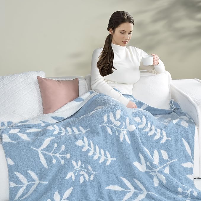 Leaf Pattern Throw Blanket Soft Cozy Spring Blanket for Bed, Couch, Sofa Lightweight Breathable Stylish Seasonal Home Decor Blanket Dusty Blue 50x60 Inches
