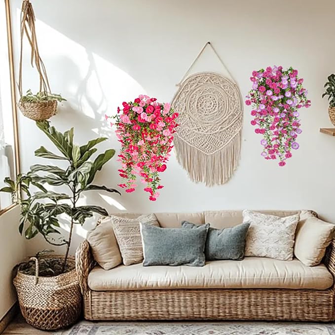 7 Color Mix Artificial Hanging Flowers for Outdoor, 8 Pcs Fake Silk Petunias Plants Arrangement, for Spring Summer Outdoor Decoration, UV Resistant, Morning Glorias,for Home Garden Decor (PinkPurple)