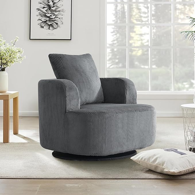 Furnimart 360° Swivel Barrel Accent Chair Set of 2, Round Upholstered Comfy Lounge Chair, Corduroy High-Resilienc Foam Single Sofa, No Assembly Wide Seat for Living Room, Bedroom, Apartment (Gray)