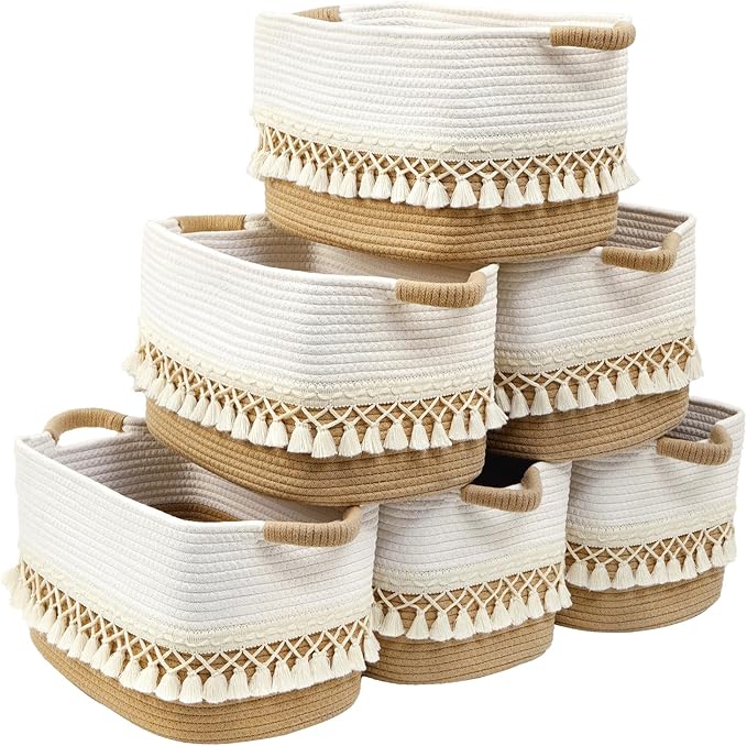 6 Pack Storage Basket for Shelves, Boho Cotton Rope Storage Bins with Heavy Tassel, Shelf Baskets Large Woven Baskets for Organizing, Cube Organizer Bins, Baby Laundry Basket for Clothes, Toys, Pets