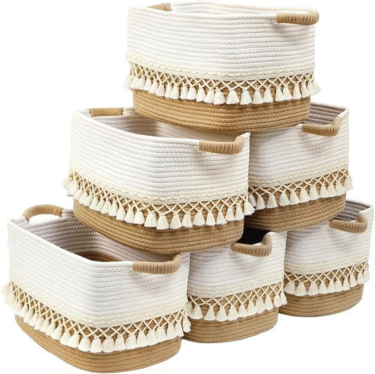 6 Pack Storage Basket for Shelves, Boho Cotton Rope Storage Bins with Heavy Tassel, Shelf Baskets Large Woven Baskets for Organizing, Cube Organizer Bins, Baby Laundry Basket for Clothes, Toys, Pets