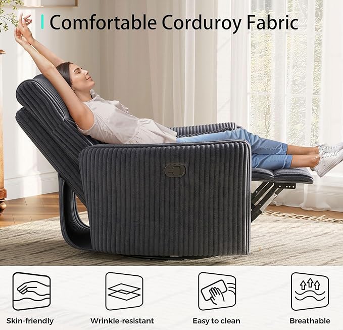 LINSY 360 Swivel Nursery Recliner - Corduroy Glider Rocking Chair with 2 Pillows, Comfy High Back Adult Recliner for Small Spaces, Nursery Bedroom Living Room Reclining Chairs, Grey