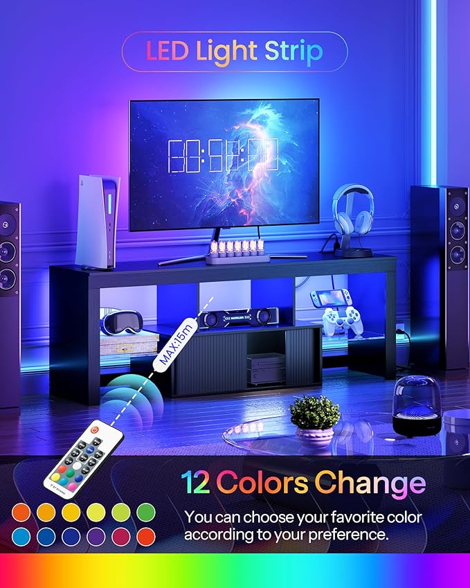 TV Stand with Power Outlet, Modern TV Cabinet for 55 60 inch TVs, Media TV Console with LED Light Strip, Media Entertainment Center with Storage, for Living Room, Bedroom, Black MDS02UDBB
