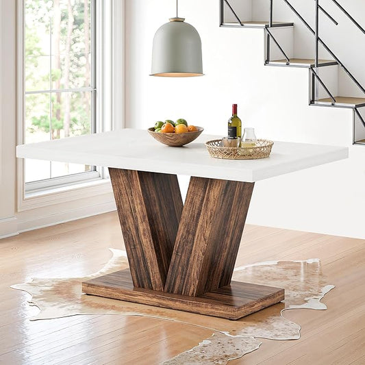 NicBex 47" Dining Table for 4 People, Farmhouse Dinner Table Small Dining Room Tables Rectangular Wooden Kitchen Tables with Heavy Duty Pedestal for Kitchen, Living Room, White & Brown