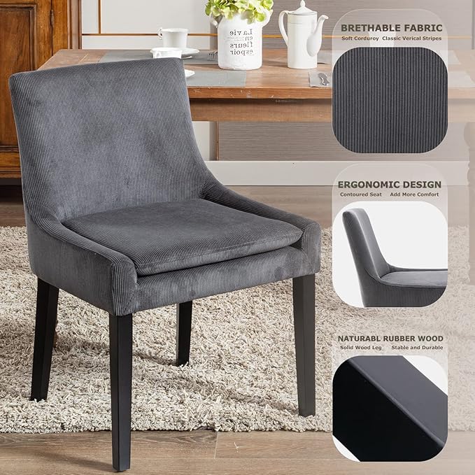 COLAMY Modern Dining Chairs Set of 2, Upholstered Corduroy Accent Side Leisure Chairs with Mid Back and Wood Legs for Living Room/Dining Room-Grey