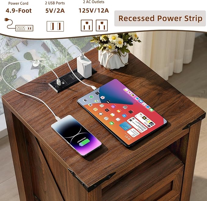 Nightstands Set of 2 with Charging Station, Farmhouse Side End Table with 2 Drawers and Open Shelf, Wood Rustic Sofa Table, Bedside Cabinet for Bedroom, Living Room, Closet, Office(Brown)