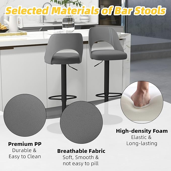 civama Bar Stools Set of 6 for Kitchen Counter, Seat Height Adjustable 25''-33'', Modern Upholstered Swivel Island Chairs with Hollow Backrest Metal Base, Grey