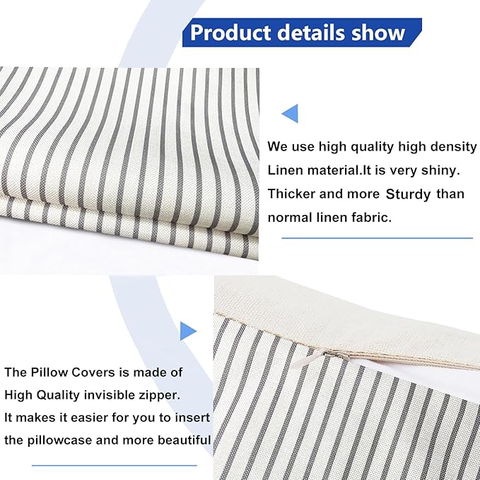 Decorative Throw Pillow Covers Set of 2 Light Gray Striped Pillow Covers 18x18 Inch Throw Pillow Cover Linen Pillowcase Modern Farmhouse Outdoor Pillow Covers for Couch Sofa Living Room