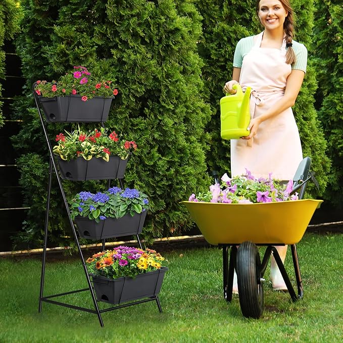 4 Tier Vertical Garden Planter Herb Garden Planter Outdoor Planters for Outdoor Plants Standing Vertical Raised Garden Bed Tiered Garden Vegetable Planter with Drainage Holes (Grey)