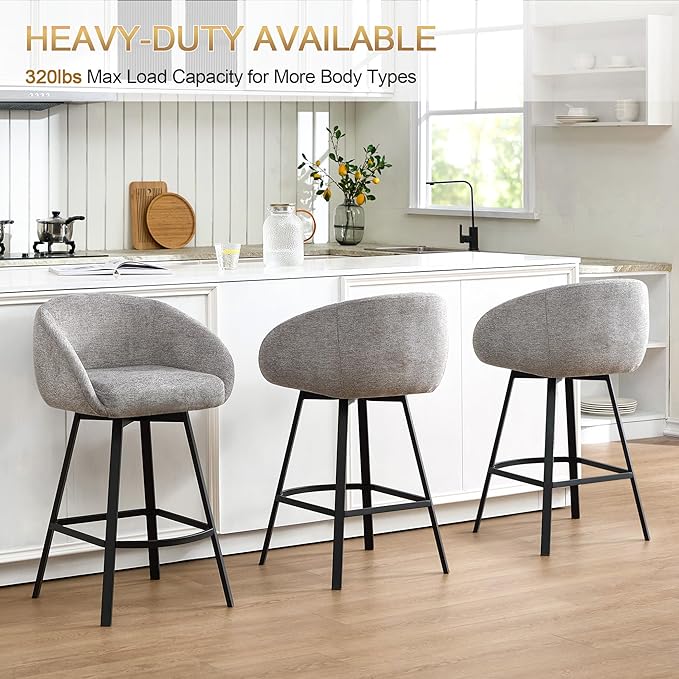 Zesthouse Swivel Counter Height Stools Set of 4, Modern Barrel Bar Stools for Kitchen Island, 26" Upholstered Kitchen Counter Height Barstools with Barrel Arms & Back, Grey Linen Fabric Bar Chairs