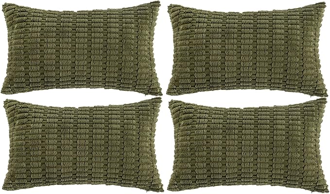 Fancy Homi 4 Packs Boho Moss Green Decorative Throw Pillow Covers 12x24 Inch for Couch Bed Sofa, Rustic Modern Farmhouse Home Decor, Soft Plush Corduroy Cute Rectangle Cushion Case 30x60 cm