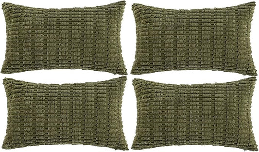 Fancy Homi 4 Packs Boho Moss Green Decorative Throw Pillow Covers 12x24 Inch for Couch Bed Sofa, Rustic Modern Farmhouse Home Decor, Soft Plush Corduroy Cute Rectangle Cushion Case 30x60 cm
