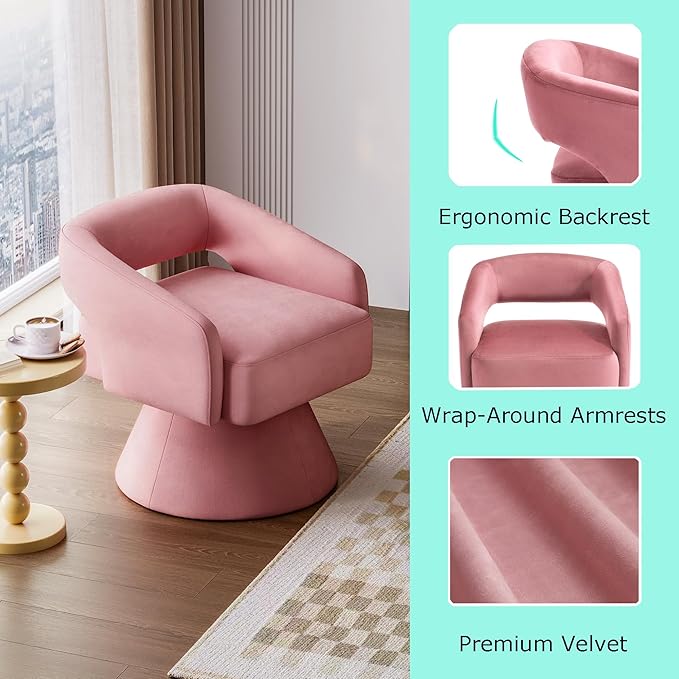 LINSY Swivel Barrel Chair, 360° Modern Swivel Accent Chairs with Arms, Boucle Swivel Chair Pink Velvet Chairs for Bedroom Living Room Small Spaces