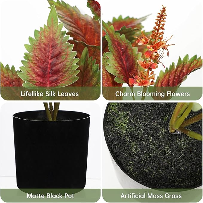 Artificial Plants Indoor with Pot 16.9" Faux Potted Perilla Plants Indoor Decorative Silk Greenery in Black Pot for Farmhouse Home Bathroom Living Room Office Table Shelf Decor