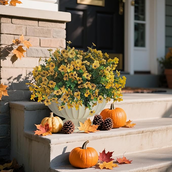 Artificial Mums for Outdoors Garden Home Fall Decor uv Resistant Outdoor Faux Plants Indoor Plastic Fake Plants Greenery Boxwood Porch Patio Fake Mums Flowers 12 Bundles Yard Decorations