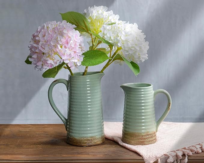 Quoowiit Ceramic Rustic Vase with Handle, Green Distressed Decorative Farmhouse Pitcher Vase for Home Decor Living Room Bedroom Kitchen Office Shelf Decor Centerpiece Table Decoration