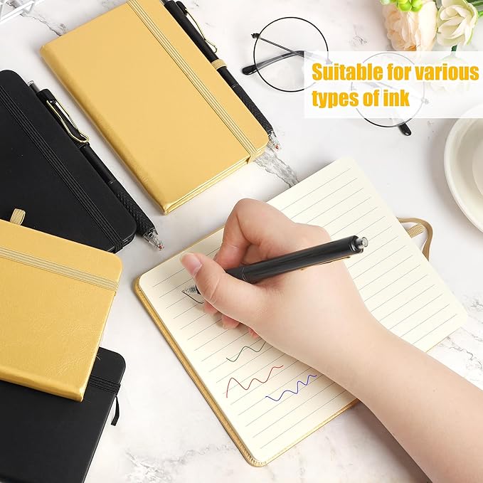Aodaer 50 Sets Graduation Gifts Pocket Notebook Journal with Pens, 160 Page, 3.5 x 5.5 Inch Mini Lined Journal Notebook A6 Leather Hardcover Notepad with Pen Holder for School Office, Black and Gold