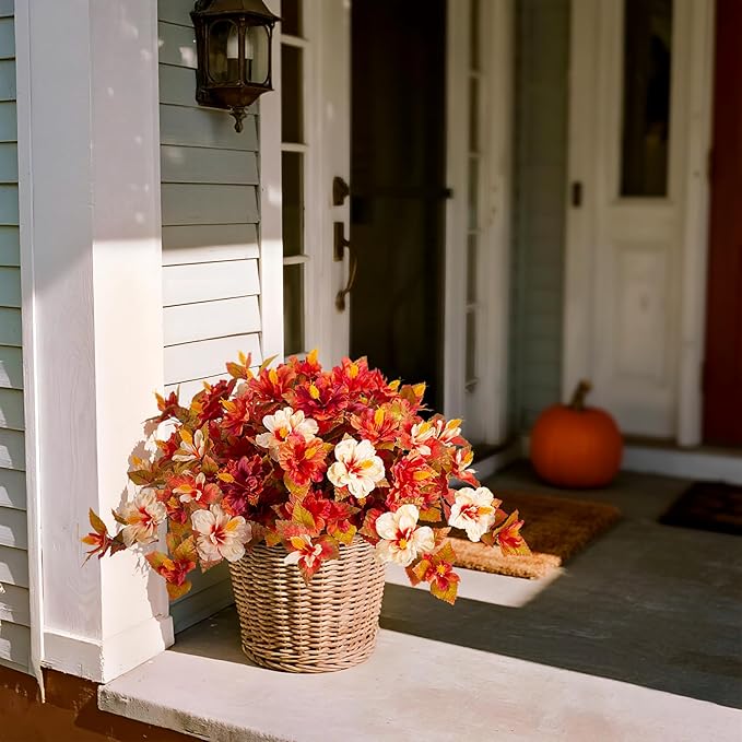 Fake Fall Flowers Artificial for Outdoors Decoration, 2PCS Faux Fall Flowers for Outdoor Planters, Autumn Hibiscus UV Resistant No Fade for Home Porch Patio Garden Balcony Yard Indoor Decor