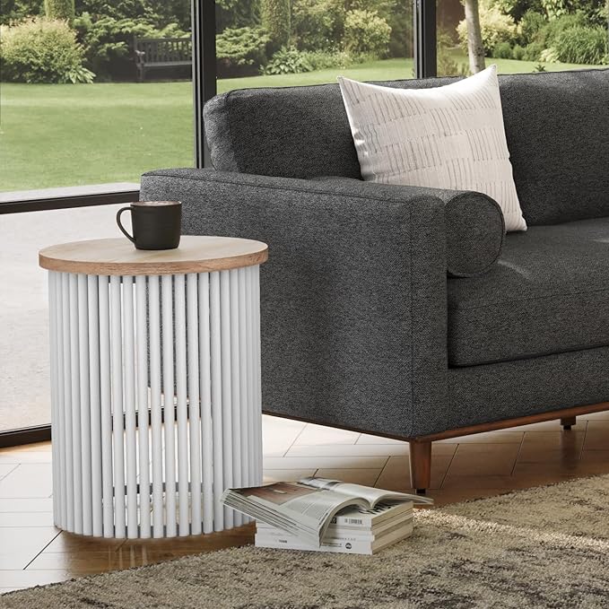 SIMPLIHOME Demy 18-inch Wide Metal and Solid Mango Accent Table in Natural/White, Round Side Table with Mango Wood Top for Living Room or Bedroom, Industrial Style, Assembled