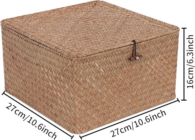 Wicker Shelf Baskets with Lid, Handwoven Seagrass Storage Basket Bins Square Gift Boxes for Shelves Home Decor Organizer (Coffee, Large)