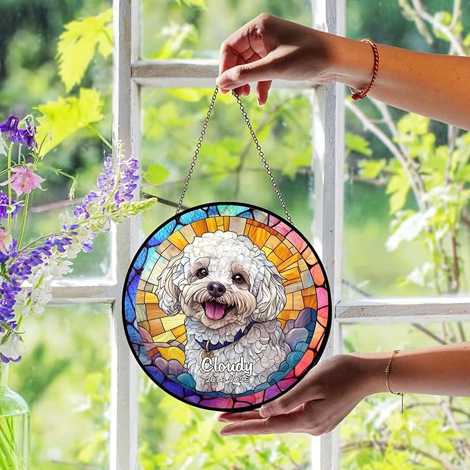 Custom Pet Portrait Stained Glass Suncatcher – Personalized Dog Memorial Ornament, Pet Loss Remembrance Gift, Window Hanging, Bereavement Keepsake, Home Decor
