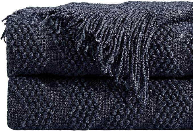 BOURINA Navy Throw Blanket 50x60 Inches Throw Textured Solid Soft Ripple Throws and Blankets for Sofa or Bed Knitted Decorative Blanket