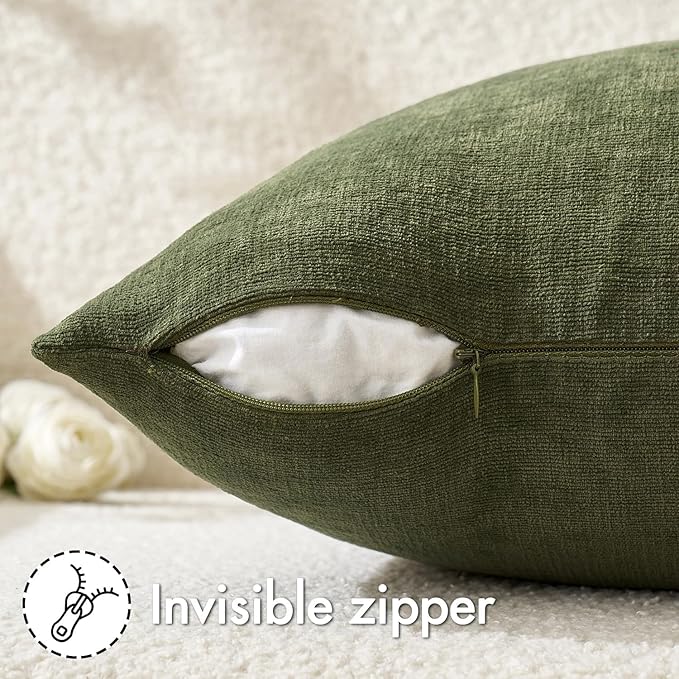 MIULEE Olive Green Couch Pillow Covers 18x18 Inch, Set of 2 Soft Chenille Decorative Square Throw Pillow Covers Farmhouse for Sofa Living Room Bed