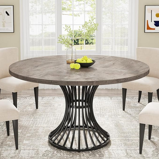 Tribesigns Round Dining Table, 47-Inch Farmhouse Dinning Room Table, Industrial Dinner Table with Metal Base, Grey