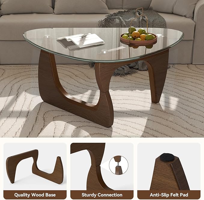Modern Glass Coffee Table, Triangle Center Table with Tempered Glass Top& Unique Wooden Base, 31.5” Mid Century Tea Tables for Living Room, Apartment, Office,Walnut &Transparen