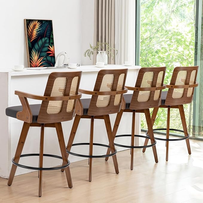 Set of 3 Swivel Counter Height Bar Stools - 27 inch Walnut Counter Stool with Cane Back, Upholstered Seat, Curved Arms, Faux Leather Counter Stools for Island/Pub/Kitchen (27" Seat Height, Brown)