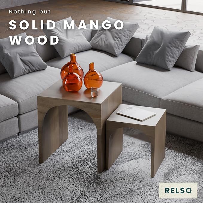 Relso Arch Duo Solid Mango Wood Nesting Tables for Living Room Set of 2 | Stylish Sustainable Design Side Tables | Pre-Assembled Unique Arched Cutouts | Mid Century Accent Table (Rustic Natural)