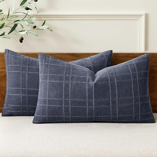 MIULEE Decorative Linen Check Lumar Throw Pillow Covers Neutral Farmhouse Vintage Pillow Covers 12x20 Set of 2 Boho Modern Home Decor for Sofa Couch Bedroom Cushion Navy Blue