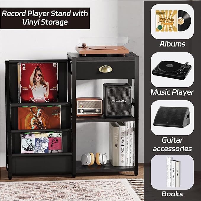 End Table with Vinyl Record Storage - 3 Tier Turntable Stand with Records Holder for Media Stereo Speaker, Amplifiers, Magazines - Rustic Black