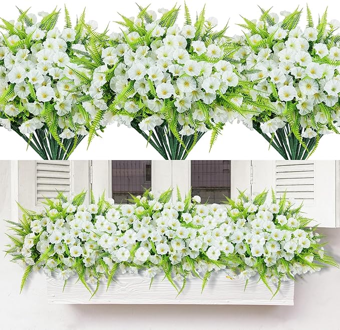 Artificial Flowers Outdoors 12 Bundles White Artificial Petunias Fake Flowers UV Resistant Shrubs Plants with Fern for Indoor Outside Hanging Planters Home Garden Summer Decorations