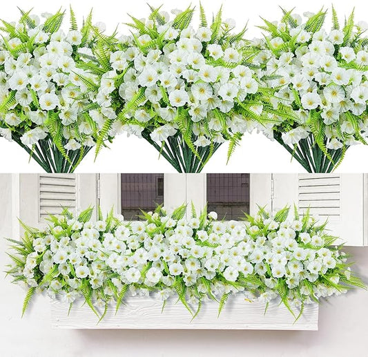 Artificial Flowers Outdoors 12 Bundles White Artificial Petunias Fake Flowers UV Resistant Shrubs Plants with Fern for Indoor Outside Hanging Planters Home Garden Summer Decorations