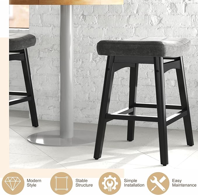 PHI VILLA Counter Height Bar Stools Set of 2 - Farmhouse Barstools with Upholstered Saddle Seat and Solid Wood Legs, Kitchen Counter Island Stools