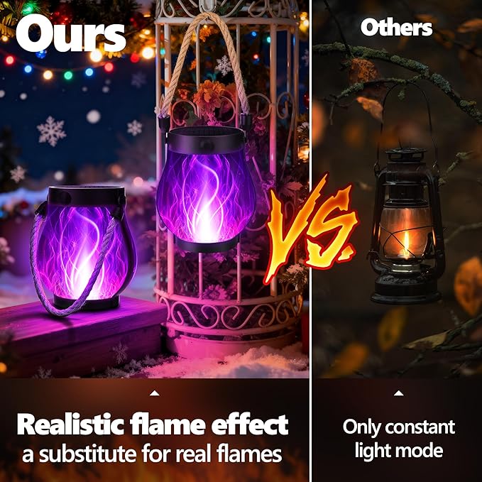 Christmas Solar Flame Lantern Hanging Outdoor Waterproof Purple - 2 Pack Flame Lanterns with Dual Charging Modes of Solar & USB for Garden or Yard Decorations (Purple - 2 Pack)