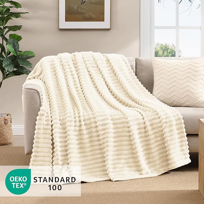 Geniospin Fleece Throw Blanket, 280GSM Extra Soft Lightweight Blanket with Strip, Plush Fuzzy Cozy Blankets and Throws for Couch, Bed, Sofa Cozy, Warm and Breathable (Ivory, 50x60 inches)