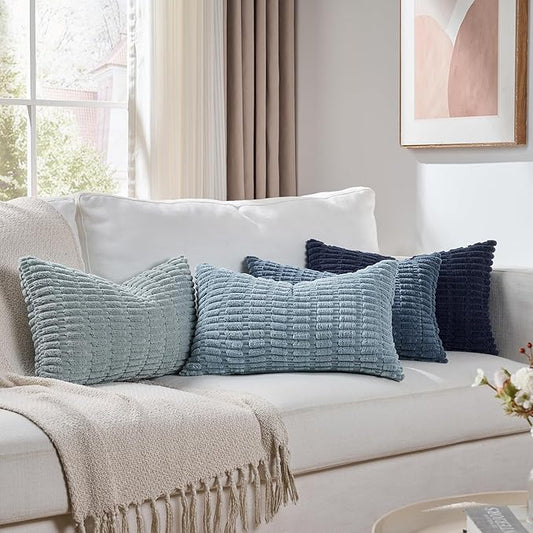 Fancy Homi Set of 4 Blue Lumbar Rectangle Decorative Throw Pillow Covers 12x20 Inch for Couch Bed Chair, Farmhouse Boho Room Decor, Soft Fuzzy Corduroy Textured Coastal Blue Cushion Case 30x50cm