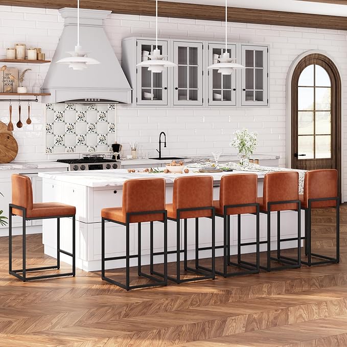 ALPHA HOME 24 Inch Bar Stools Set of 6, Kitchen Counter Stools with Backs, PU Leather Barstools, Kitchen Stools with Back&Upholstered Footrest, Sturdy Chromed Metal Steel Frame, Brown