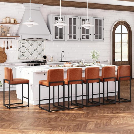 ALPHA HOME 24 Inch Bar Stools Set of 6, Kitchen Counter Stools with Backs, PU Leather Barstools, Kitchen Stools with Back&Upholstered Footrest, Sturdy Chromed Metal Steel Frame, Brown