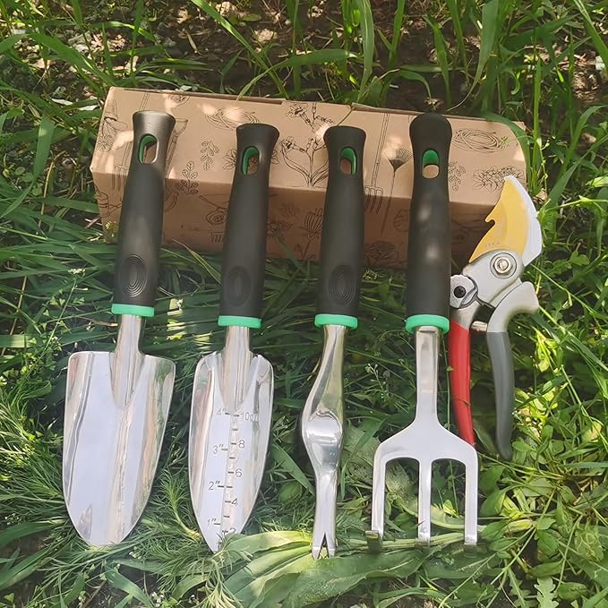 Garden Tools Set, 5 Piece Aluminum Hand Tool Kit with Ergonomic Handle, Heavy Duty Gardening Tools Include Hand Trowel, Transplant Trowel, Hand Rake, Weeder and Shears (Green)