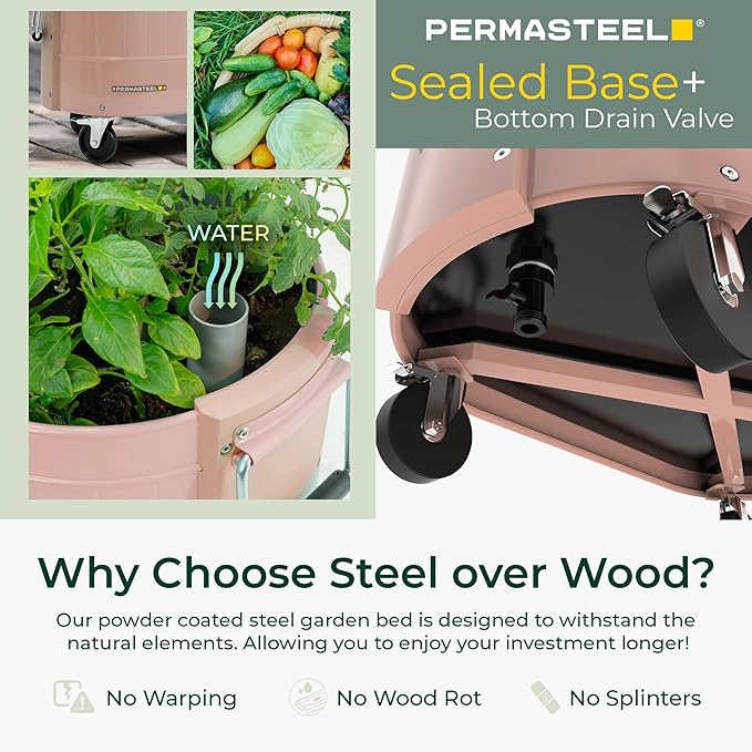 Permasteel Self-Watering Garden Bed, Rolling Planter for Vegetables, Flowers, Herbs, and Fruit, Outdoor Indoor, Caster Wheels, Pink