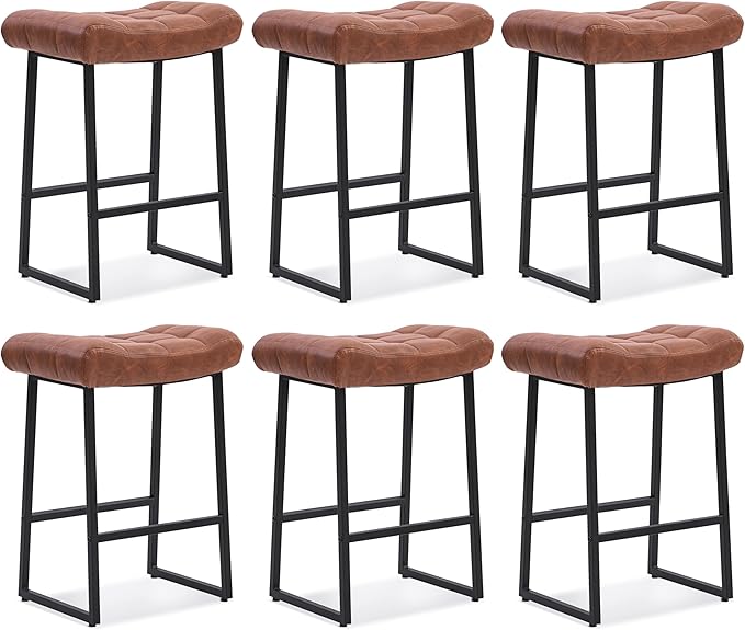 Modern Bar Stools Set of 6 for Kitchen Counter 24 inch Counter Height Backless Barstools with Upholstered Faux Leather Saddle Seat and Metal Frame Industrial Bar Chairs, Brown