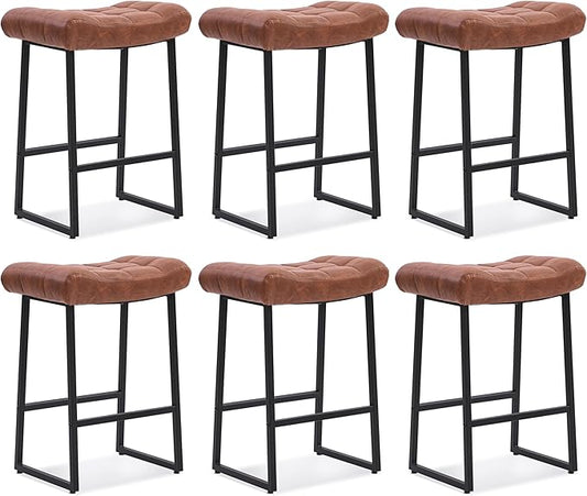 Modern Bar Stools Set of 6 for Kitchen Counter 24 inch Counter Height Backless Barstools with Upholstered Faux Leather Saddle Seat and Metal Frame Industrial Bar Chairs, Brown