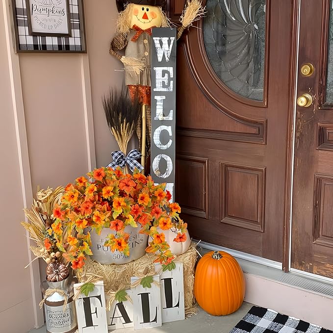 Fall Flowers Artificial for Decoration Fake Petunias Plants for Outdoor, 2PCS Autumn Silk Faux Flower UV Resistant No Fade Planter Floral for Garden Balcony Yard Porch Realistic Indoor Decor (Orange)