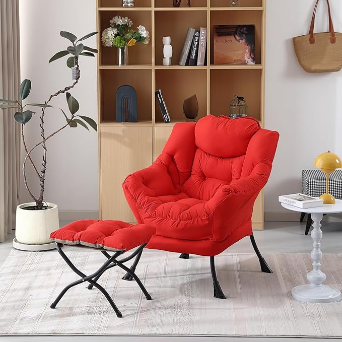 Welnow Lazy Chair with Ottoman, Modern Lounge Accent Chair with Armrests and a Side Pocket, Leisure Sofa Armchair Set, Reading Armchair with Footrest for Small Space, Red